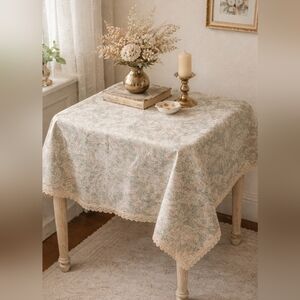 Vintage Gold Marbled Floral Table Topper Lace Trim Pastel 36x36 Decor